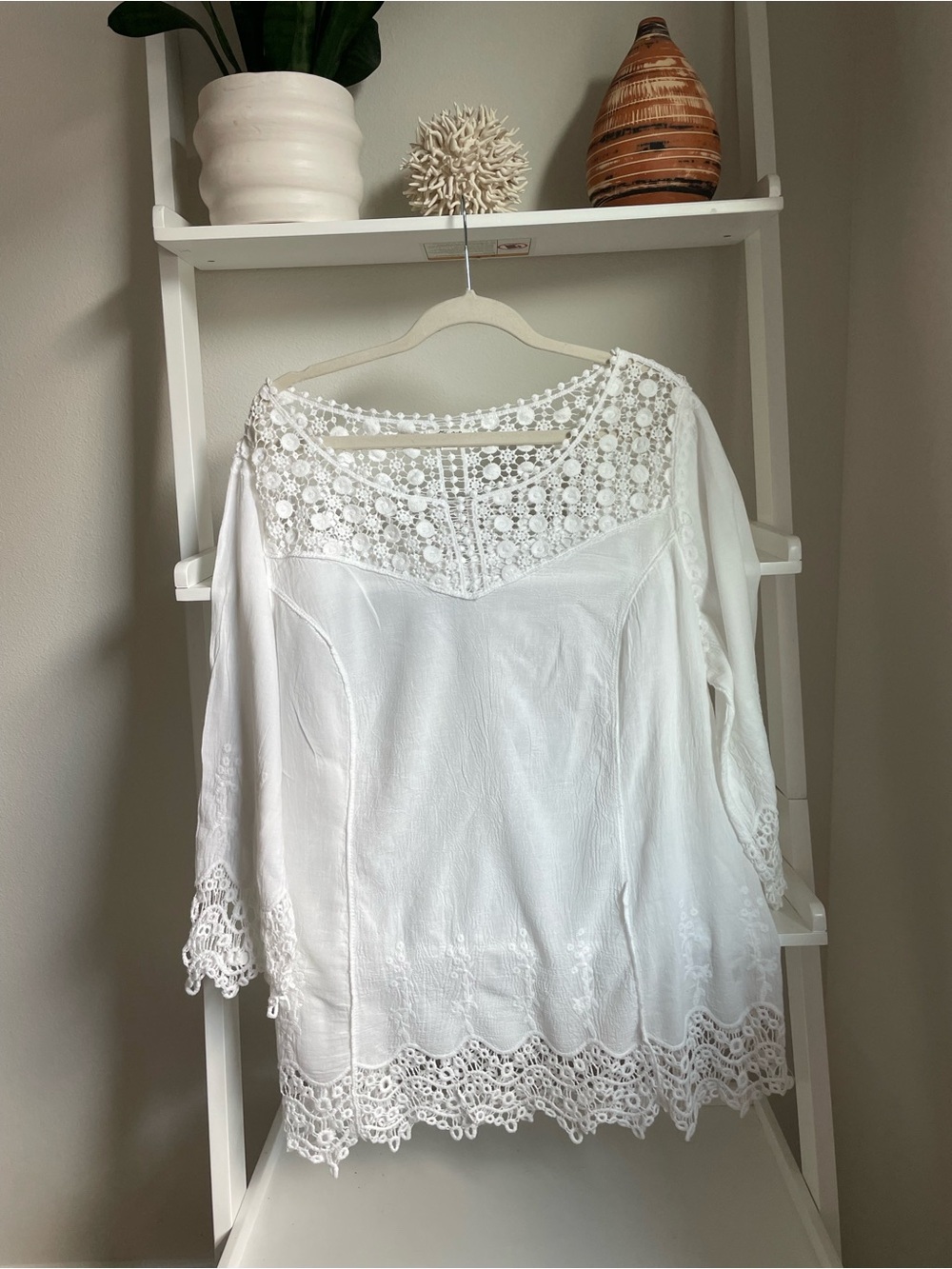 Ultra Pink women’s white crochet yoke peasant blouse – boho style